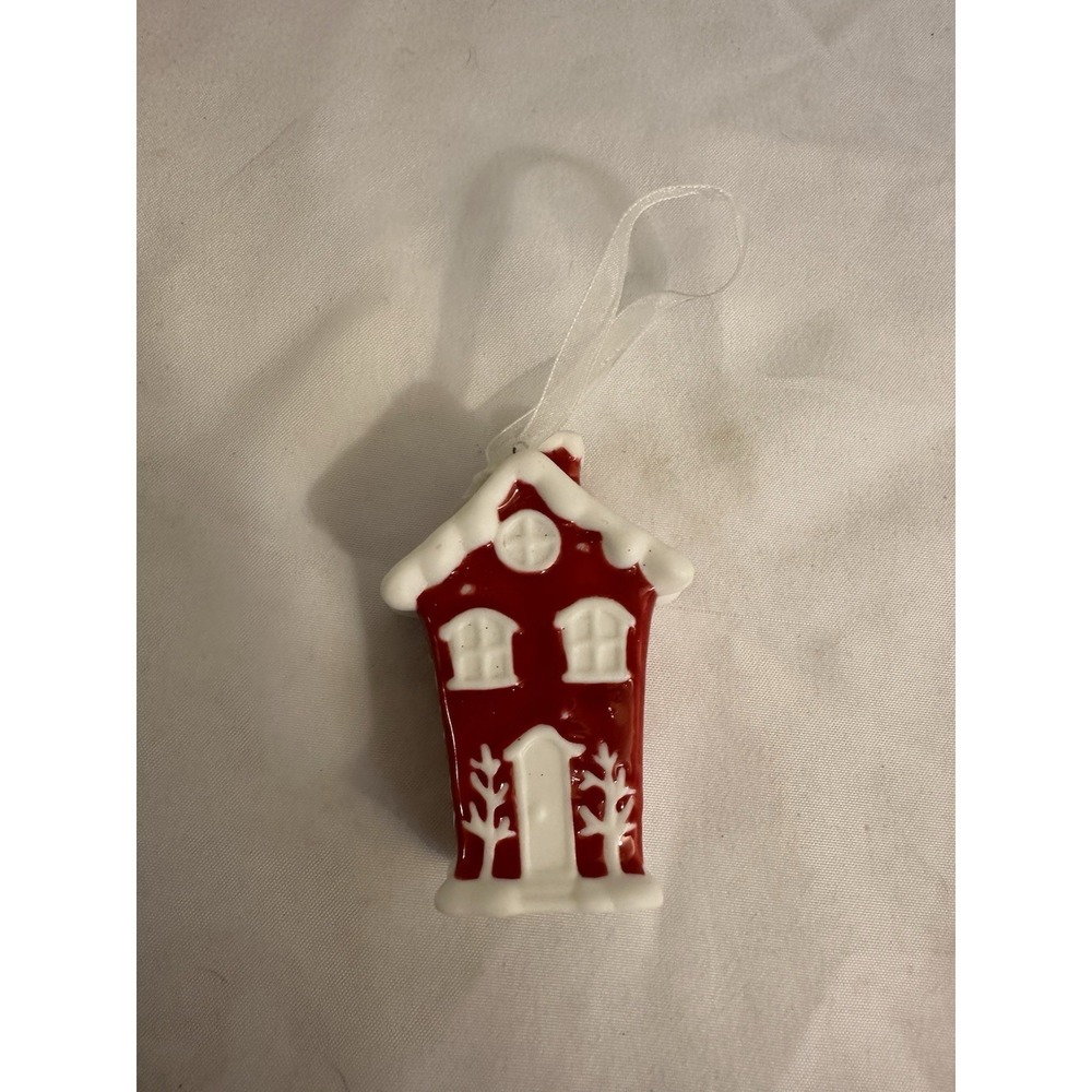 Ceramic Red House Christmas Ornament Snow Covered Roof White Trees